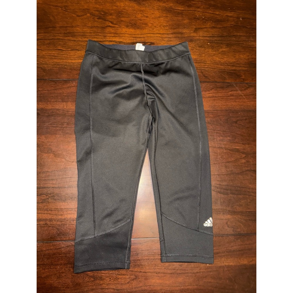 Adidas Womens Black Activewear Capri Pants Cropped Athletic Leggings Logo